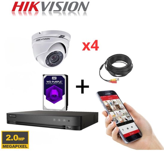 HIKVISION 4CH CCTV KIT DVR 1080P & 4X 2.0MP VOLLEDIGE HD 1080P WIT DOME CCTV CAMERAS IR 20M NIGHT VISIE REMOTE VIEW eenvoudig P2P SECURITY CAMERA SYSTEM (2TB HDD PRE-INSTALLED)