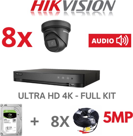 HIKVISION 5 MP AUDIO DVR 8 CH HD Kit - 8x 5MP Turret Camera ZWART- 2TB HDD van Merkloos