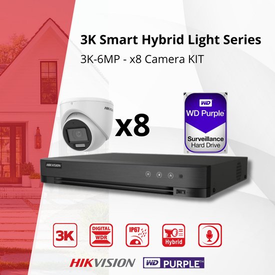 HIKVISION, 8 x 5 MP buitencamera's, 4 K, 8 kanalen, 2 TB, H.265+, 2,8 mm, nachtzicht, DS-7208HUHI-K1 DS-2CE56H1T-ITM