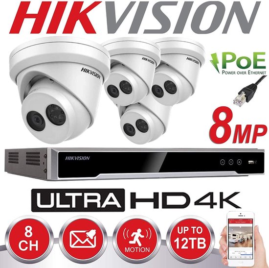HIKVISION 8MP SYSTEM 4CH CHANNEL NVR 4K UHD IP POE 8 MP MEGAPIXEL CCTV 4X 2.8MM TURRET CAMERA NETWORK KIT Buiten Nachtvisie (Met 2TB HDD) van Hikvision