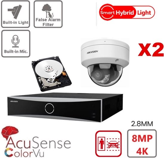 HIKVISION Acusense Camera Kit - Smart Hybrid Light + ColorVu - 2x 4k-8MP IP Camera Dome Geïntegreerde Audio - Acusense NXI-serie 4xChannel NVR met POE - 2TB harde schijf uitbreidbaar tot maximaal 4x IP-camera Nieuw! van Merkloos
