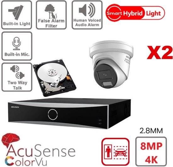 HIKVISION Acusense Camera Kit - Smart Hybrid Light + ColorVu - 2x 4k-8MP IP Camera Turret Actief Stroboscooplicht en Audio Alarm - Acusense NXI Serie 4xChannel NVR met POE - 4TB HDD uitbreidbaar tot maximaal 4x IP camera van Merkloos