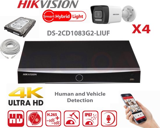 HIKVISION Camera Kit Smart Hybrid G2 Series 4x IP Camera Bullet 8MP - NVR 4xChannel - Hard Disk 2Tb Nieuw van Merkloos