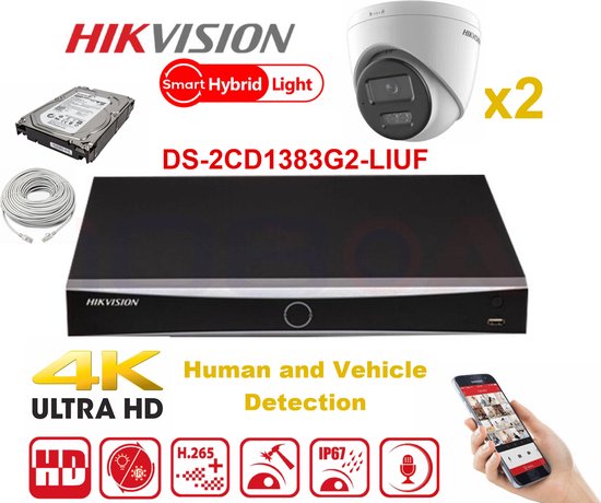 HIKVISION Camerakit Smart Hybrid G2-serie 2x IP-camera Turret 8MP - NVR 4xChannel - Harde schijf 2Tb Uitbreidbaar tot max. 4x IP-camera NIEUW van Hikvision