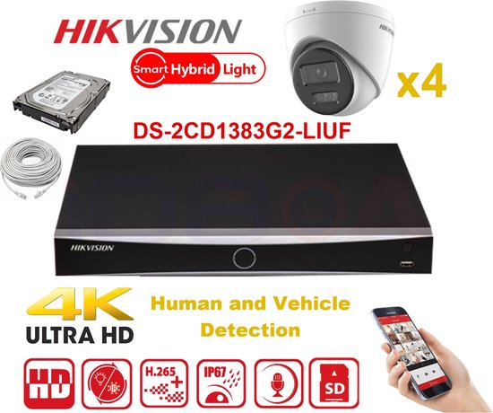 HIKVISION Camerakit Smart Hybrid G2-serie 4x IP-camera Turret 8MP - NVR 4xChannel - Harde schijf 2Tb Uitbreidbaar tot max. 4x IP-camera NIEUW van Hikvision