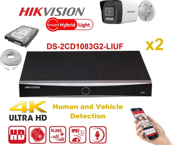 HIKVISION IP Camera Kit 2x Camera Pro Serie 8MP NVR 4xChannel POE- Harde Schijf 2 TB Max 4x Camera van Hikvision