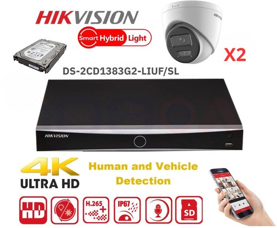 HIKVISION IP Camera Kit 2x Camera PRO Serie 8MP NVR 4xChannel POE- Harde Schijf 2Tb Naar Max 4x Camera