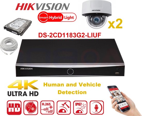 HIKVISION IP Camera Kit 2x Dome Smart Hybrid Light Serie 8MP NVR 4xChannel POE- 2TB Harde Schijf Max 4x Camera (nieuw) van Hikvision