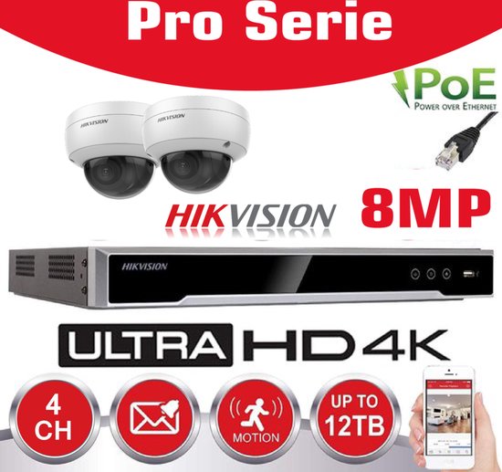 Hikvision IP-Kit 2x 8MP IR Camera / Essential Series - 2x DS-2CD1183G2-LIUF Standaard 30m DUAL Ligth -IR Audio Dome Camera - 4-kanaals DS-7604NXI-K1/4P NVR recorder - 2 TB harde schijf geïnstalleerd van Merkloos