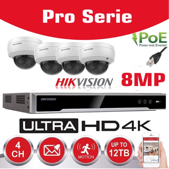 Hikvision IP-Kit 4x 8MP IR-camera / Essential-serie - 4x DS-2CD2183G0-IU standaard 30m IR Audio Dome-camera - 4-kanaals DS-7604NI-Q1/4P NVR-recorder - 2 TB harde schijf geïnstalleerd van Merkloos