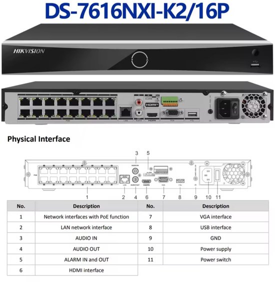 Hikvision PRO NVR DS-7616NXI-K2/16P recorder 16POE van Merkloos