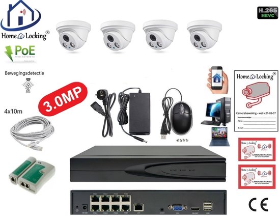 Home-Locking camerasysteem met bewegingsdetectie en NVR 3.0MP H.265 POE en 4 camera's PVC 3.0MP CS-4-1401D van Merkloos