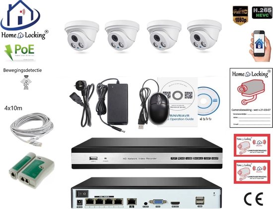 Home-Locking camerasysteem met NVR 3.0MP H.265 POE en 4 dome camera's 3.0MP CS-4-1401B (dome camera IP65) van Home-Locking