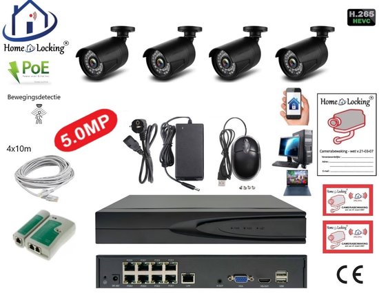 Home-Locking complete set PoE camera beveiligingssysteem met bewegingsdetectie camera's en NVR 8ch 8MP H265 met 4 camera's 5.0MP CS-4-1538 van Merkloos