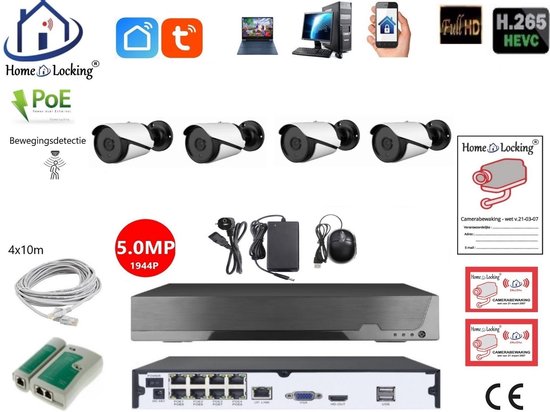 Home-Locking PoE camerasysteem met NVR 5.0MP , 8ch H265 met 4 bullet PoE camera's 1944P 5.0MP. T-530-4 van Home-Locking