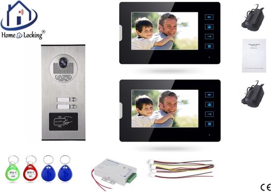 Home-Locking videofoon met 2 binnen panelen en elektro box 12VDC voor aansluiting elektrisch slot.DT-1477-1E-2 van Home-Locking