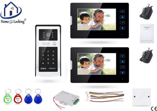 Home-Locking videofoon met 2 binnen panelen en elektro box 12VDC voor aansluiting elektrisch slot.DT-2203-1E-2 van Home-Locking