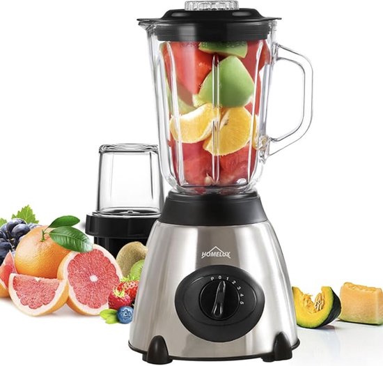 HOMELUX Smoothie Maker blender - 1,5 l Glas - Mixer - 350 W blender - Krachtige mixer - 5 snelheden + impulsfunctie - ice crush-functie - zilver van Homelux