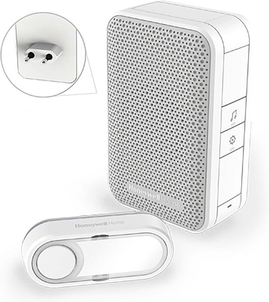 Honeywell DC311SP2 draadloze plug-in deurbel met horizontale beldrukker 4 melodieën 84 dB 150 meter wit
