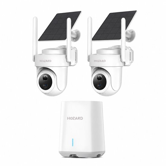Hozard® 4K Ultra HD 2x Beveiligingscamera Buiten Set - Solar & P66 + HomeBase 64GB - Buiten Camera Met Nachtzicht - Outdoor WiFi Camera