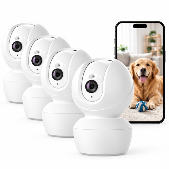 Huisdiercamera met App 2.5K 4MP – Beveiligingscamera Binnen – 360° Auto Tracking – AI Persoonsdetectie – Nachtzicht – Tweeweg Audio – WiFi Camera – Alexa – 4PCS