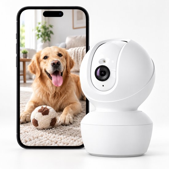 Huisdiercamera met App 2.5K 4MP – Beveiligingscamera Binnen – 360° Auto Tracking – AI Persoonsdetectie – Nachtzicht – Tweeweg Audio – WiFi Camera – Alexa
