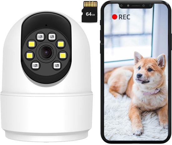 Huisdiercamera met app - Beveiligingscamera - WiFi - 1080P&2MP - Beweeg en geluidsdetectie - Nachtzicht - Hondencamera - Indoor Camera - Incl.64 GB microSD-kaart van Orretti