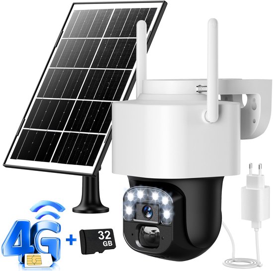 IBETTERTEC 4G LTE Bewakingscamera Buiten met SIM-kaart – 2K Ultra HD, Nachtzicht, Bewegingsdetectie, IP67, 360° Draaibaar – Incl. 32GB SD-kaart & Zonnepaneel – Voor Tuin, Erf & Bedrijf van Merkloos