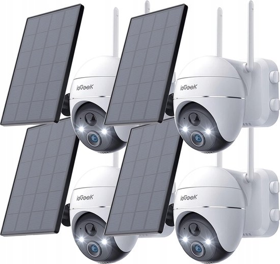 ieGeek 2K 360° Wifi-camera voor buiten, draadloos, met zonnepaneel, PTZ, batterij-aangedreven bewakingscamera met bewegingsdetectie, kleur-nachtzicht, akoestisch en helder alarm, 4 stuks van ieGeek