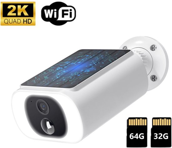 ieGeek 2K Draadloze Solar Breidingscamera - Draadloze 2K Beveiligingscamera met Geïntegreerd Zonnepaneel - Nachtzicht - Bewegingsdetectie - Tweeweg Audio - IP65 Weerbestendig - Geen Abonnementskosten - Inclusief 64GB 32GB kaart van Merkloos