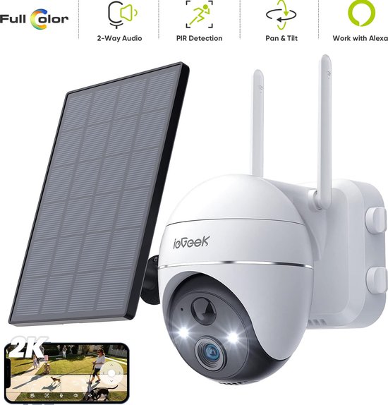 ieGeek 2K Outdoor Bewakingscamera Batterij WiFi - 360° Draaibare Draadloze Bewakingscamera met Zonnepaneel - PIR Bewegingsmelder met Flood Light - 2-Weg Audio - Nachtzicht van ieGeek