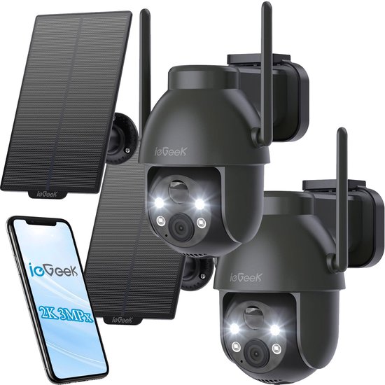 ieGeek 2K PTZ Bewakingscamera Buiten Draadloos met Batterij, Solar WiFi Beveiligingscamera voor thuis met Zonnepaneel en PIR Bewegingsdetectie, Kleuren Nachtzicht CCTV IP Camera Security - zwart - 2 stuks van Merkloos