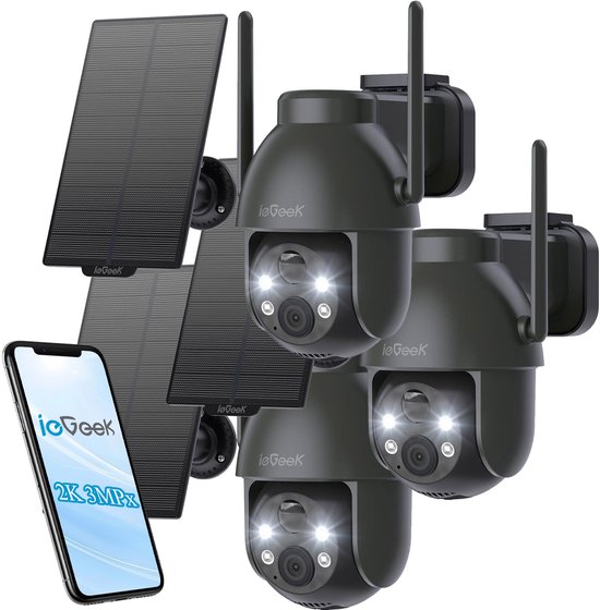 ieGeek 2K PTZ Bewakingscamera Buiten Draadloos met Batterij, Solar WiFi Beveiligingscamera voor thuis met Zonnepaneel en PIR Bewegingsdetectie, Kleuren Nachtzicht CCTV IP Camera Security - zwart - 3 stuks van ieGeek