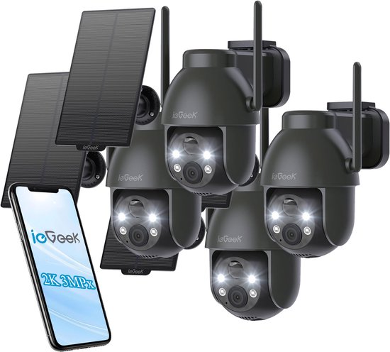ieGeek 2K PTZ Bewakingscamera Buiten Draadloos met Batterij, Solar WiFi Beveiligingscamera voor thuis met Zonnepaneel en PIR Bewegingsdetectie, Kleuren Nachtzicht CCTV IP Camera Security - zwart - 4 stuks van ieGeek