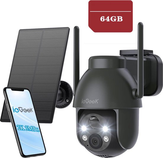 ieGeek 2K PTZ Bewakingscamera Buiten Draadloos met Batterij, Solar WiFi Beveiligingscamera voor thuis met Zonnepaneel en PIR Bewegingsdetectie, Kleuren Nachtzicht CCTV IP Camera Security - zwart - 64GB-KAART van Merkloos