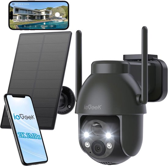 ieGeek 2K PTZ Bewakingscamera Buiten Draadloos met Batterij, Solar WiFi Beveiligingscamera voor thuis met Zonnepaneel en PIR Bewegingsdetectie, Kleuren Nachtzicht CCTV IP Camera Security - zwart