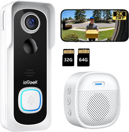 ieGeek 2K Ultra HD Slimme Draadloze Video Deurbel Met Camera - Geen abonnement - Deurbellen Met Camera - Deurbel Draadloos WiFi - Waterdicht - Incl. Gong - Incl. 32GB 64GB SD