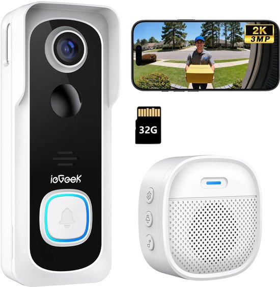 ieGeek 2K Ultra HD Slimme Draadloze Video Deurbel Met Camera - Geen abonnement - Deurbellen Met Camera - Deurbel Draadloos WiFi - Waterdicht - Incl. Gong - Incl. 32GB SD van Merkloos