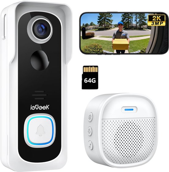 ieGeek 2K Ultra HD Slimme Draadloze Video Deurbel Met Camera - Geen abonnement - Deurbellen Met Camera - Deurbel Draadloos WiFi - Waterdicht - Incl. Gong - Incl. 64GB SD van Merkloos