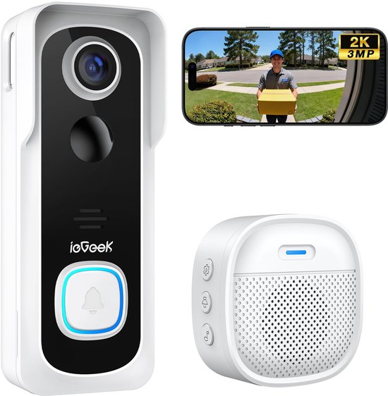ieGeek 2K Ultra HD Slimme Draadloze Video Deurbel Met Camera - Geen abonnement - Deurbellen Met Camera - Deurbel Draadloos WiFi - Waterdicht - Incl. Gong van Merkloos