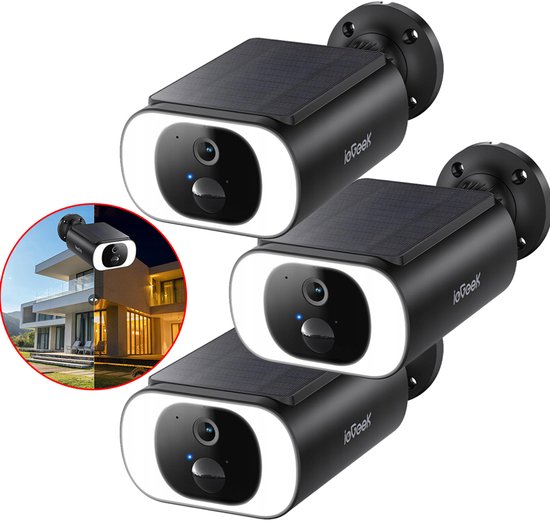 ieGeek 3MP draadloze beveiligingscamera - ingebouwd zonnepaneel - CCTV-camerasysteem op batterijen - nachtzicht in kleur - bewegingsdetectie -Zwart- 3 stuks