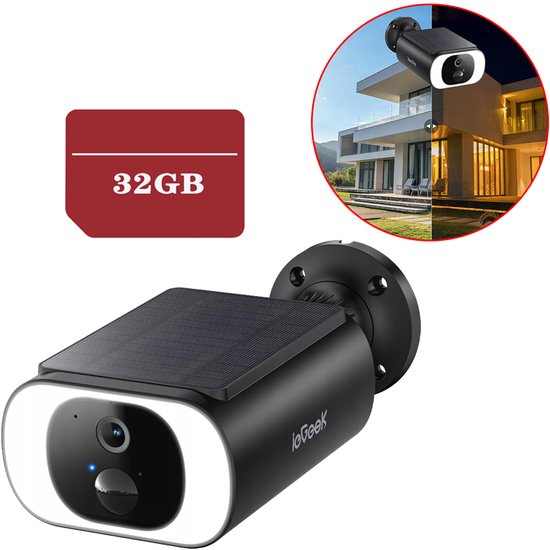 ieGeek 3MP draadloze beveiligingscamera - ingebouwd zonnepaneel - CCTV-camerasysteem op batterijen - nachtzicht in kleur - bewegingsdetectie Zwart - 32GB-KAART van Merkloos