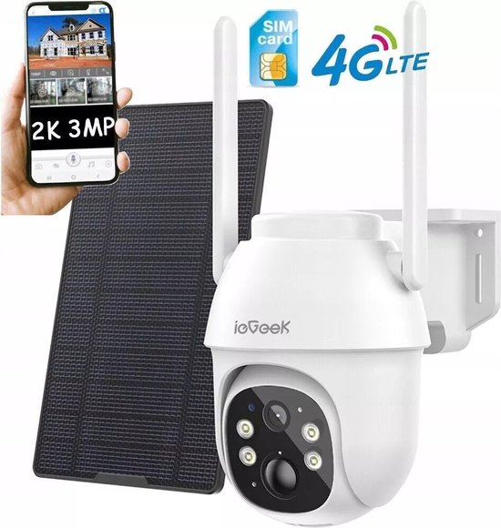 ieGeek 4G Cellular Beveiligingscamera Buiten 2K, PTZ LTE Bewakingscamera Buiten Draadloos Zonder WIFI, IP Security Camera Buiten Solar 8400mAh Batterij Oplaadbare, Zonnepaneel, PIR Detectie, Wit van ieGeek