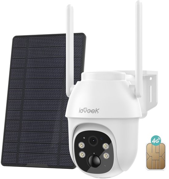ieGeek 4G LTE Beveiligingscamera Draadloos Buiten - 2K Solar Camera - voor Huisbeveiligingssysteem - Batterijgevoede Bewakingscamera met Zonnepaneel - 360° PTZ - Kleuren Nachtzicht - Bewegingssensor - Werkt met Alexa