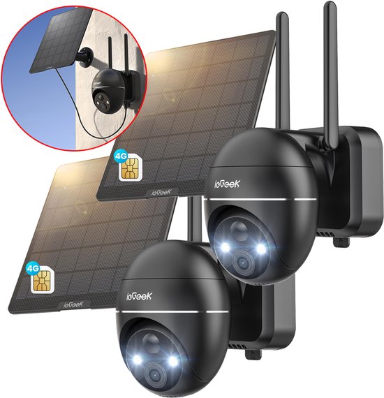 ieGeek 4G LTE Bewakingscamera Buiten met SIM-kaart – 2K Ultra HD, Nachtzicht, Bewegingsdetectie, IP67, 360° Draaibaar – Incl. Zonnepaneel – Voor Tuin, Erf & Bedrijf - Zwart - 2 stuks van Merkloos