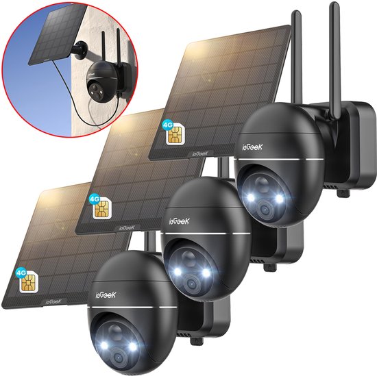 ieGeek 4G LTE Bewakingscamera Buiten met SIM-kaart – 2K Ultra HD, Nachtzicht, Bewegingsdetectie, IP67, 360° Draaibaar – Incl. Zonnepaneel – Voor Tuin, Erf & Bedrijf - Zwart - 3 stuks van Merkloos