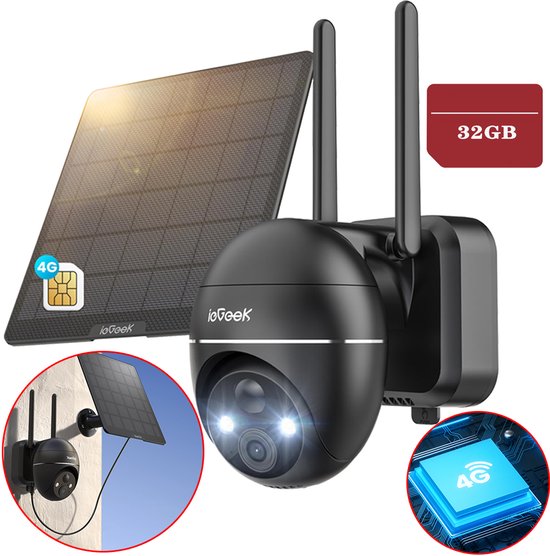 ieGeek 4G LTE Bewakingscamera Buiten met SIM-kaart – 2K Ultra HD, Nachtzicht, Bewegingsdetectie, IP67, 360° Draaibaar – Incl. Zonnepaneel – Voor Tuin, Erf & Bedrijf - Zwart - 32GB-KAART
