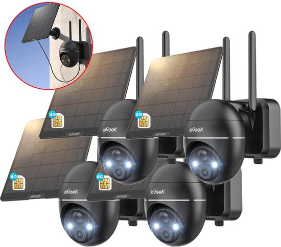 ieGeek 4G LTE Bewakingscamera Buiten met SIM-kaart – 2K Ultra HD, Nachtzicht, Bewegingsdetectie, IP67, 360° Draaibaar – Incl. Zonnepaneel – Voor Tuin, Erf & Bedrijf - Zwart - 4 stuks van Merkloos