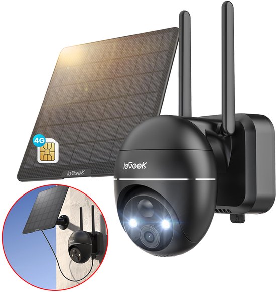 ieGeek 4G LTE Bewakingscamera Buiten met SIM-kaart – 2K Ultra HD, Nachtzicht, Bewegingsdetectie, IP67, 360° Draaibaar – Incl. Zonnepaneel – Voor Tuin, Erf & Bedrijf - Zwart van ieGeek