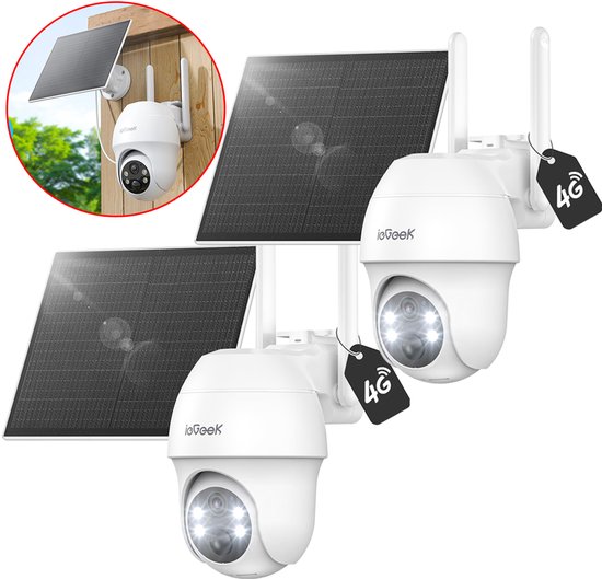 ieGeek 4G LTE Bewakingscamera Solar Buiten met SIM-kaart – 2K Ultra HD, Nachtzicht, Bewegingsdetectie, IP65, 360° Draaibaar – Geen WiFi Nodig, SD & Cloud Opslag - Incl. Zonnepaneel – Voor Tuin, Erf & Bedrijf - 2 stuks van Merkloos